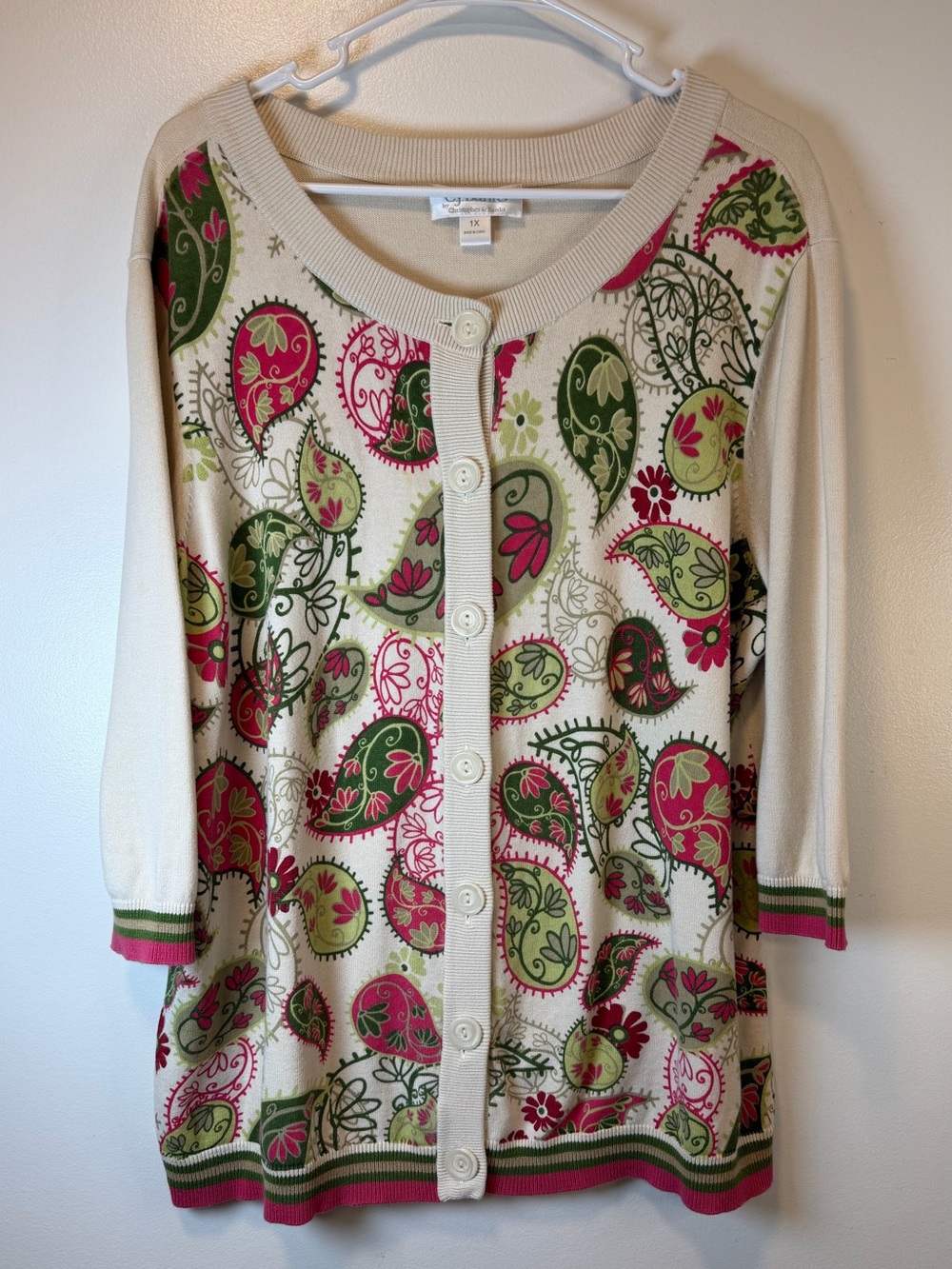 CJ Banks cream with paisley floral button down cardigan 3/4 sleeve Women’s 1X